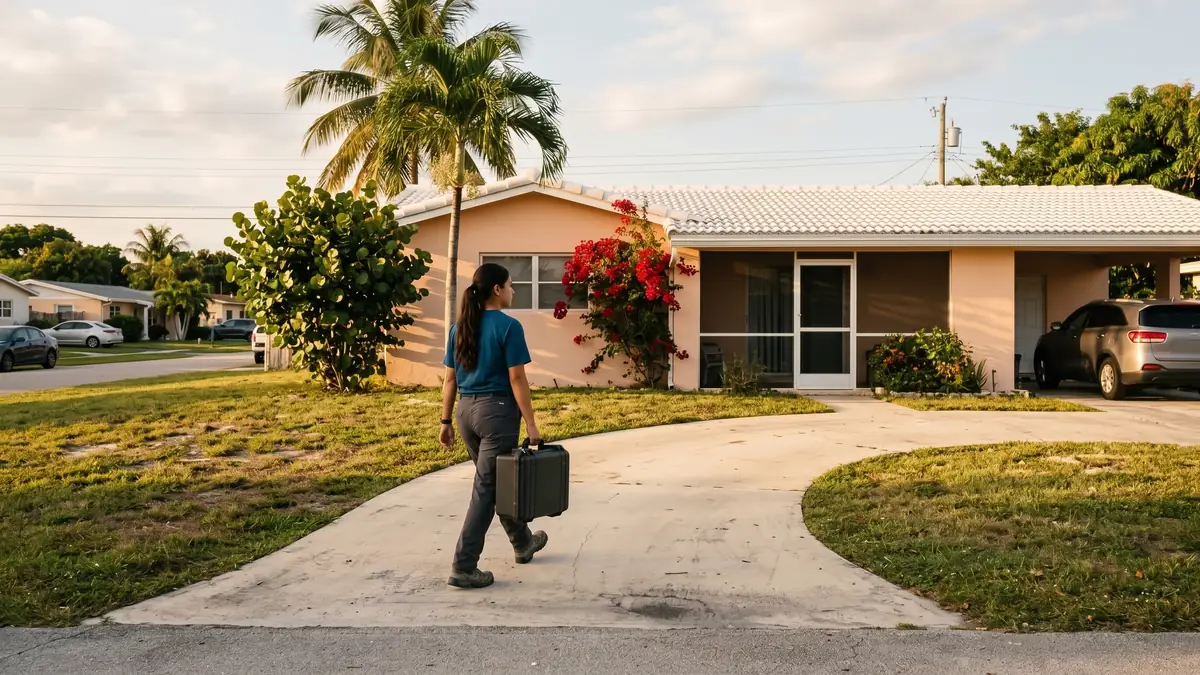 Technician carrying an equipment case up the driveway of a peach stucco home at golden hour — slab leak detection and repair