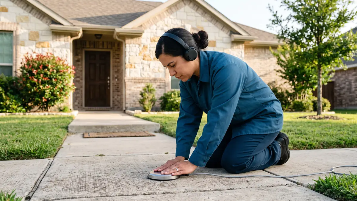 Technician in headphones pressing a ground microphone to the front walk of a brick ranch — slab leak detection and repair