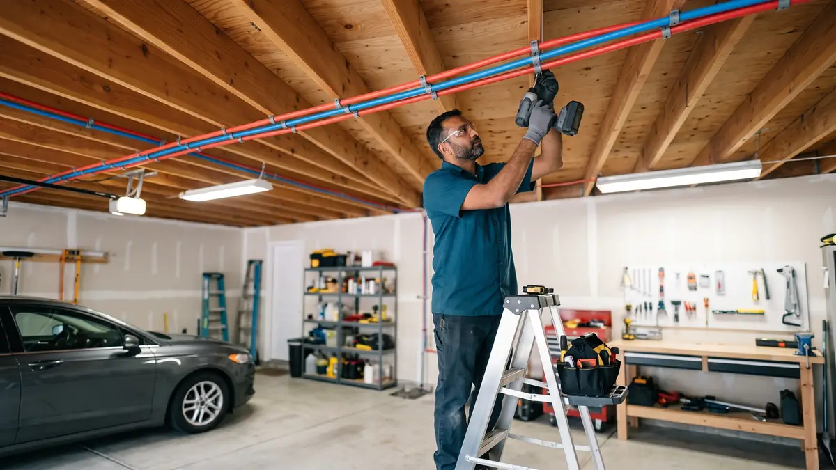 Plumber on a step ladder clamping new red and blue PEX lines to garage ceiling joists — slab leak detection and repair